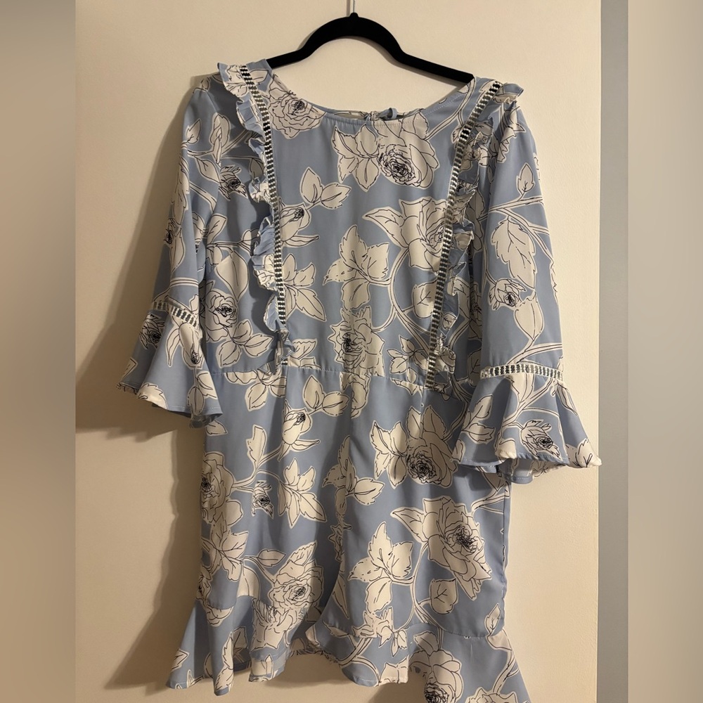 Bloomingdale’s Aqua Blue and White Floral Ruffle Romper
